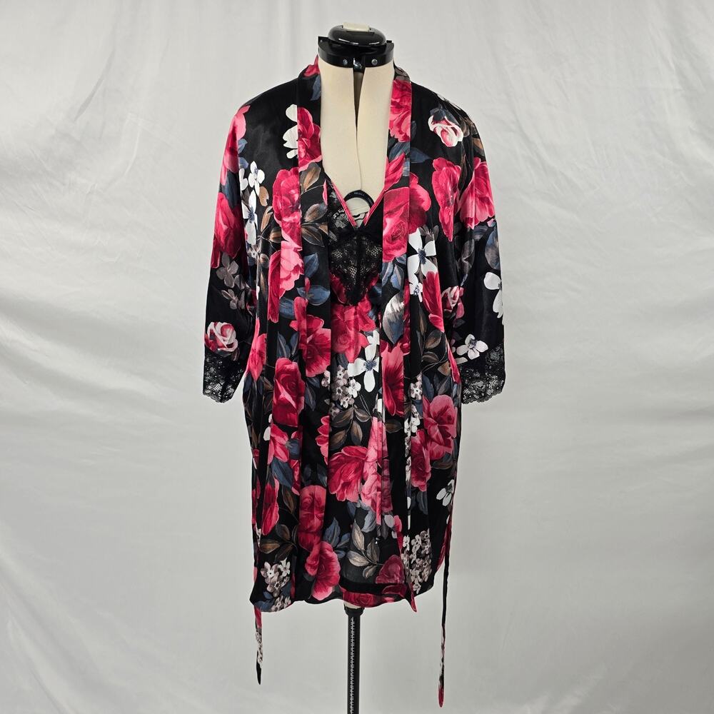 Lilac + London Chemise & Robe Set Women's L Black Red Floral 3/4 Sleeves NWT